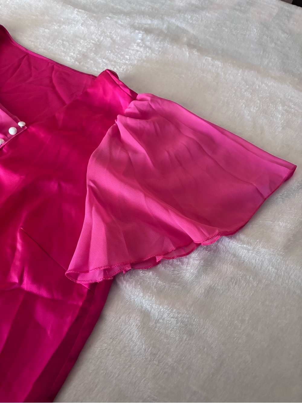 SHEIN Hot Pink Chiffon Draped Blouse with Pearl Buttons - Picture 5 of 6